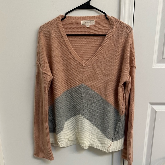 No Comment Ny La Sweaters - V-Neck Chevron Sweater in Pink, Gray, and Cream